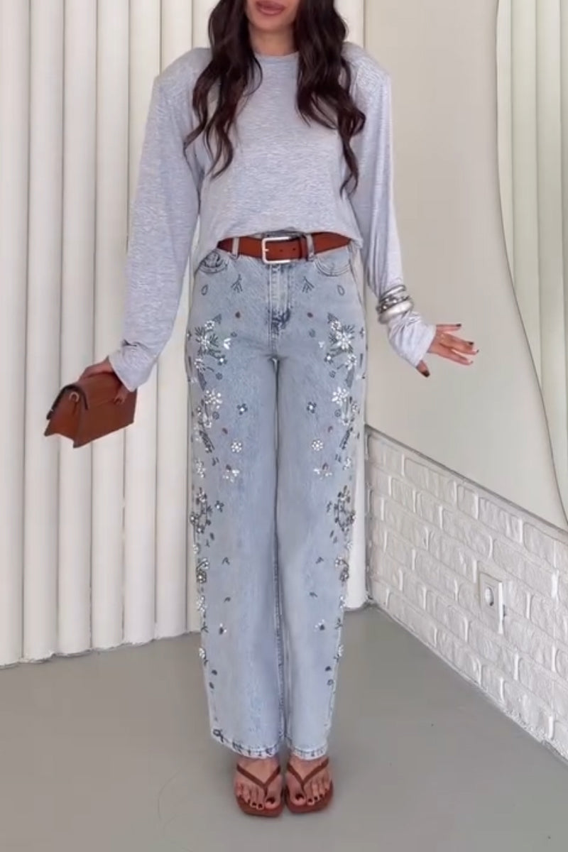Women's Nail Bead Washed Casual Jeans