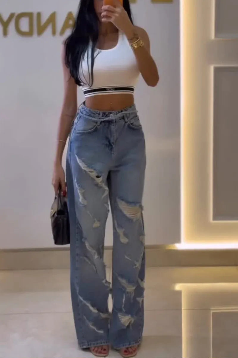 Women Multi Destroyed Frayed Ripped High Waist Wide Leg Floor Length Jeans
