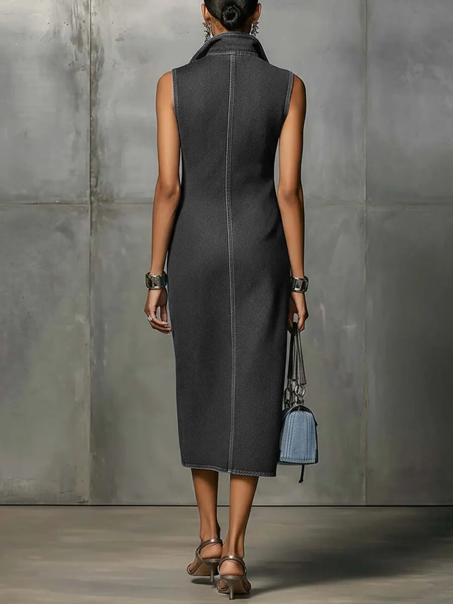Women's sleeveless casual loose-fitting color-blocked denim dress with lapel collar