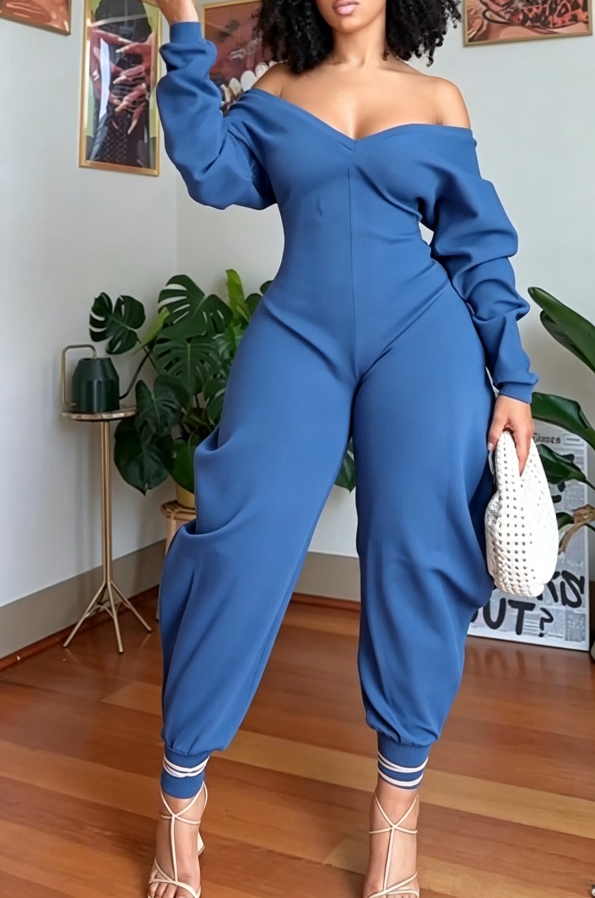 Women's Casual V-Neck Long Sleeve Curved Pant Jumpsuit