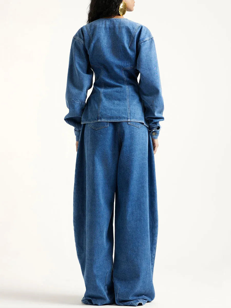 Women's Denim Set: V-neck Long-sleeve Loose-fit Cardigan & High-waisted Wide-leg Pants