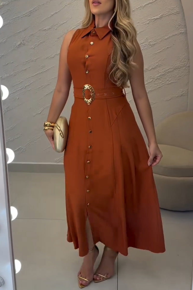 Women's Casual Button Sleeveless Midi Dress with Belt