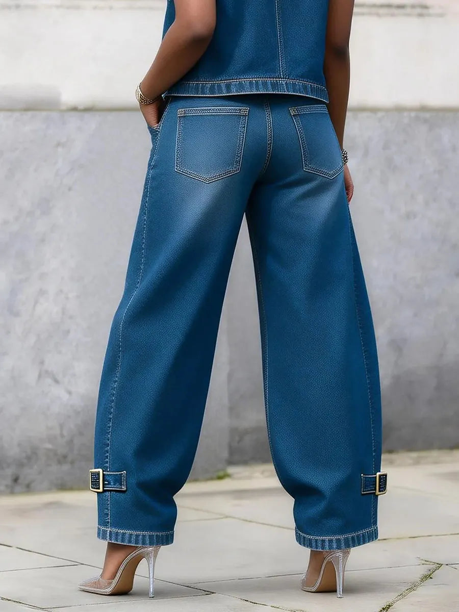 Buckle Pockets Solid Color High Waisted Wide Leg Jean Pants Bottoms
