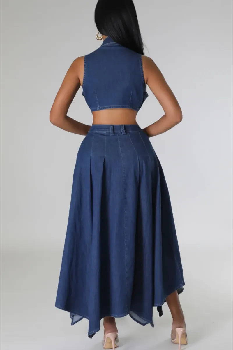 Women's Fashion Streetwear Style Denim Halter Neck Open Front Maxi Dress