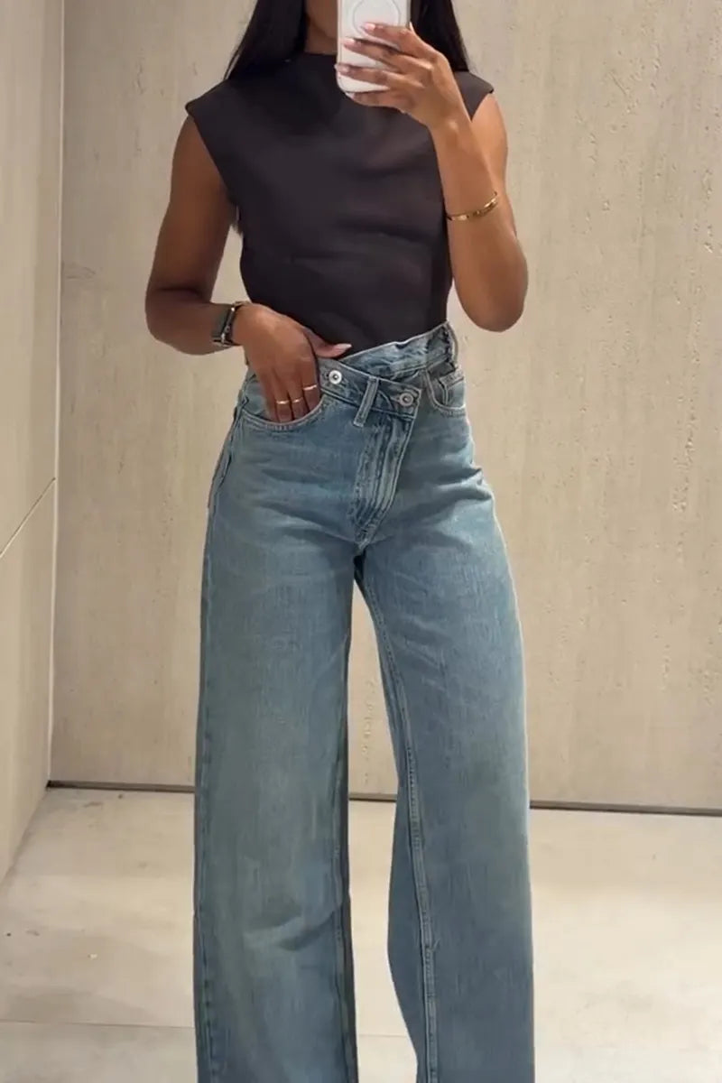 Women's Casual Asymmetric Fly Design Wide Leg Jeans