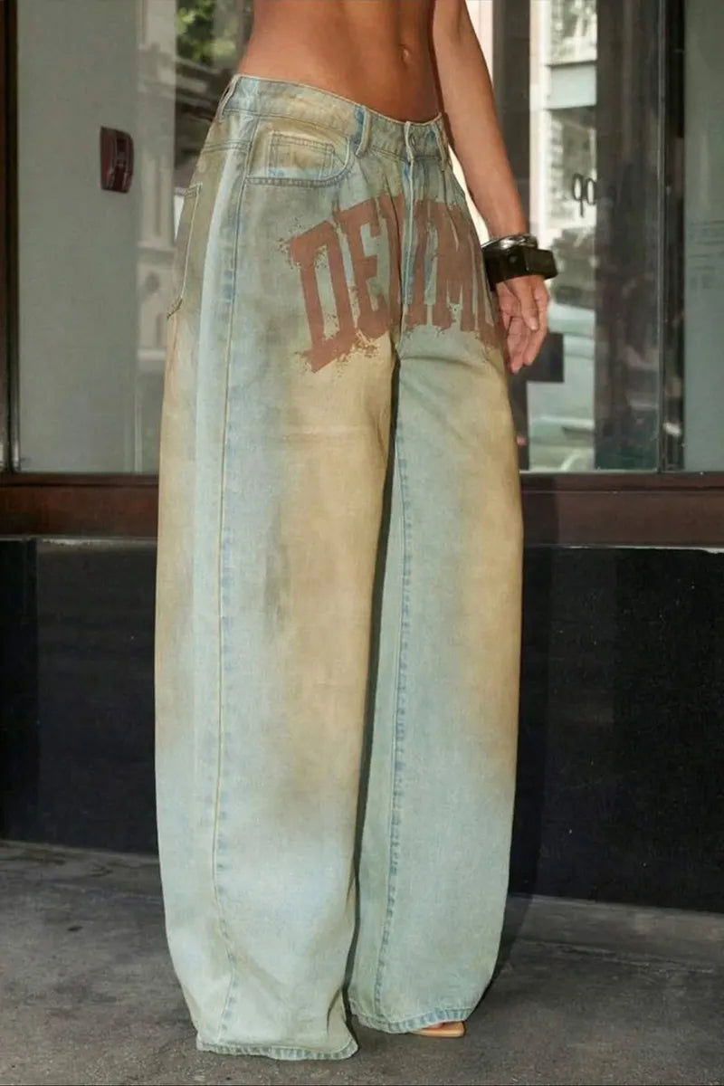Women's Casual Distressed Wash Letter Print Wide Leg Jeans