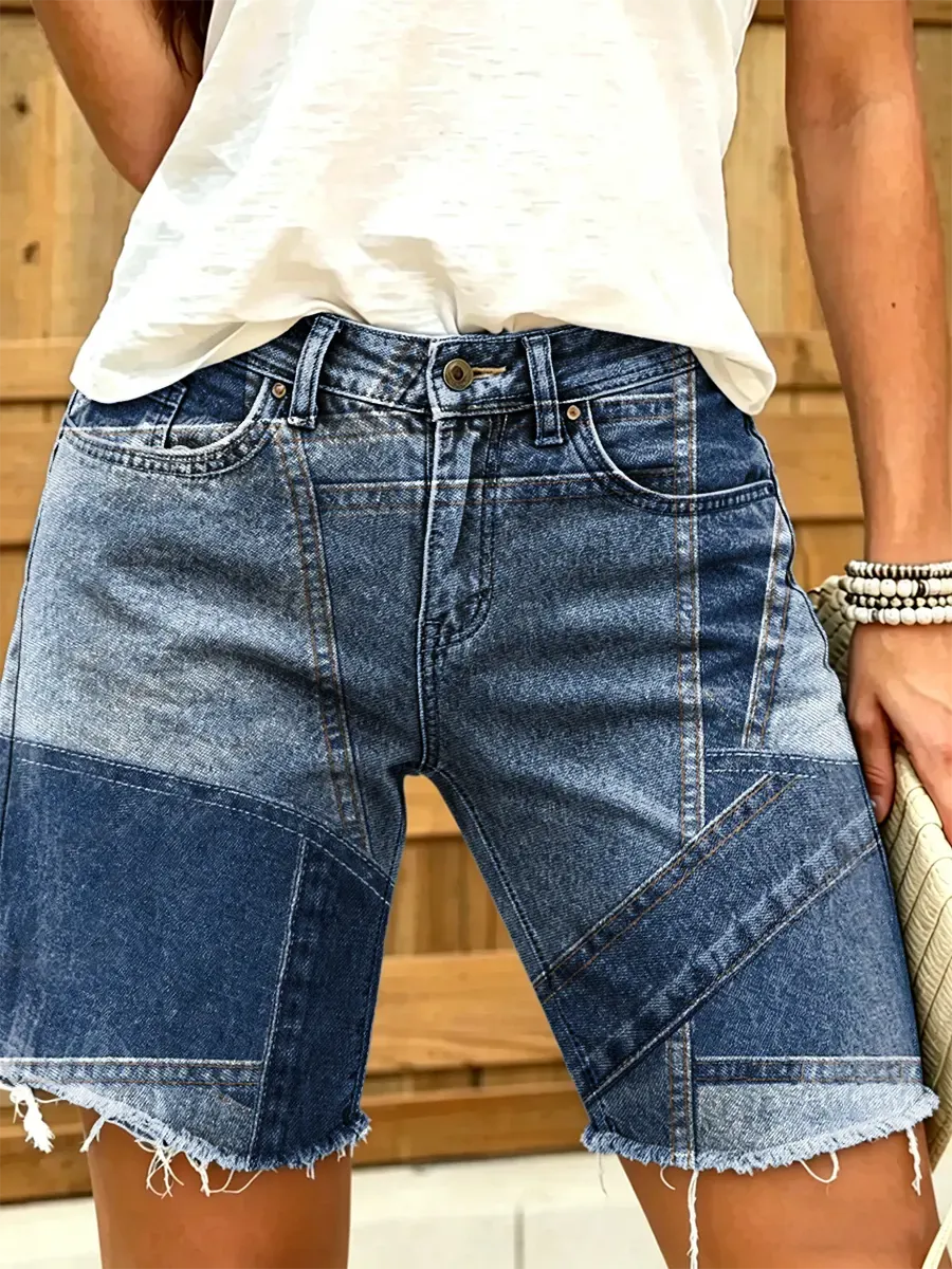 Women's Patchwork-print Denim Shorts