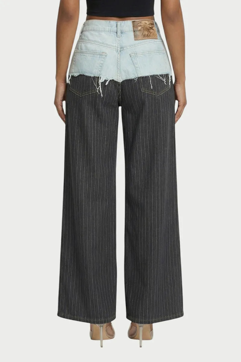 Women Color Block Frayed Waist Pinstripe Wide Leg Denim Jeans