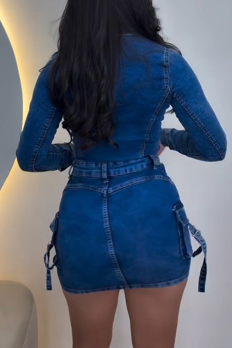 Women's Casual Button Cargo Pocket Denim Mini Dress