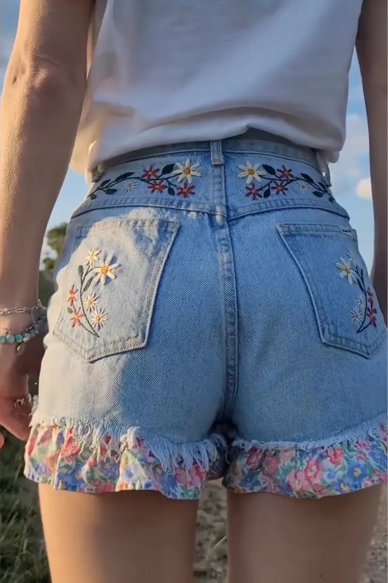 Women Embroidered Patchwork Printed Casual Denim Shorts