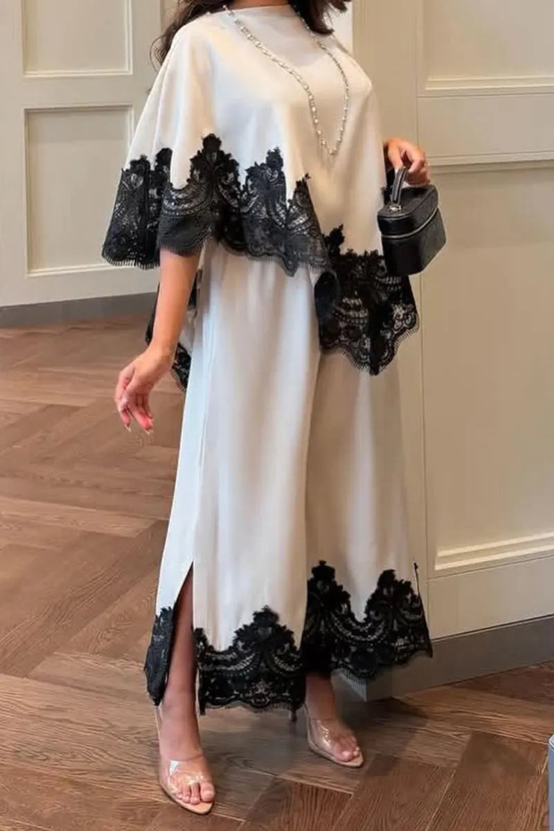 Women's Round Neck Patchwork Lace Patterned Top+ Wide Leg Pants Elegant Temperament Set