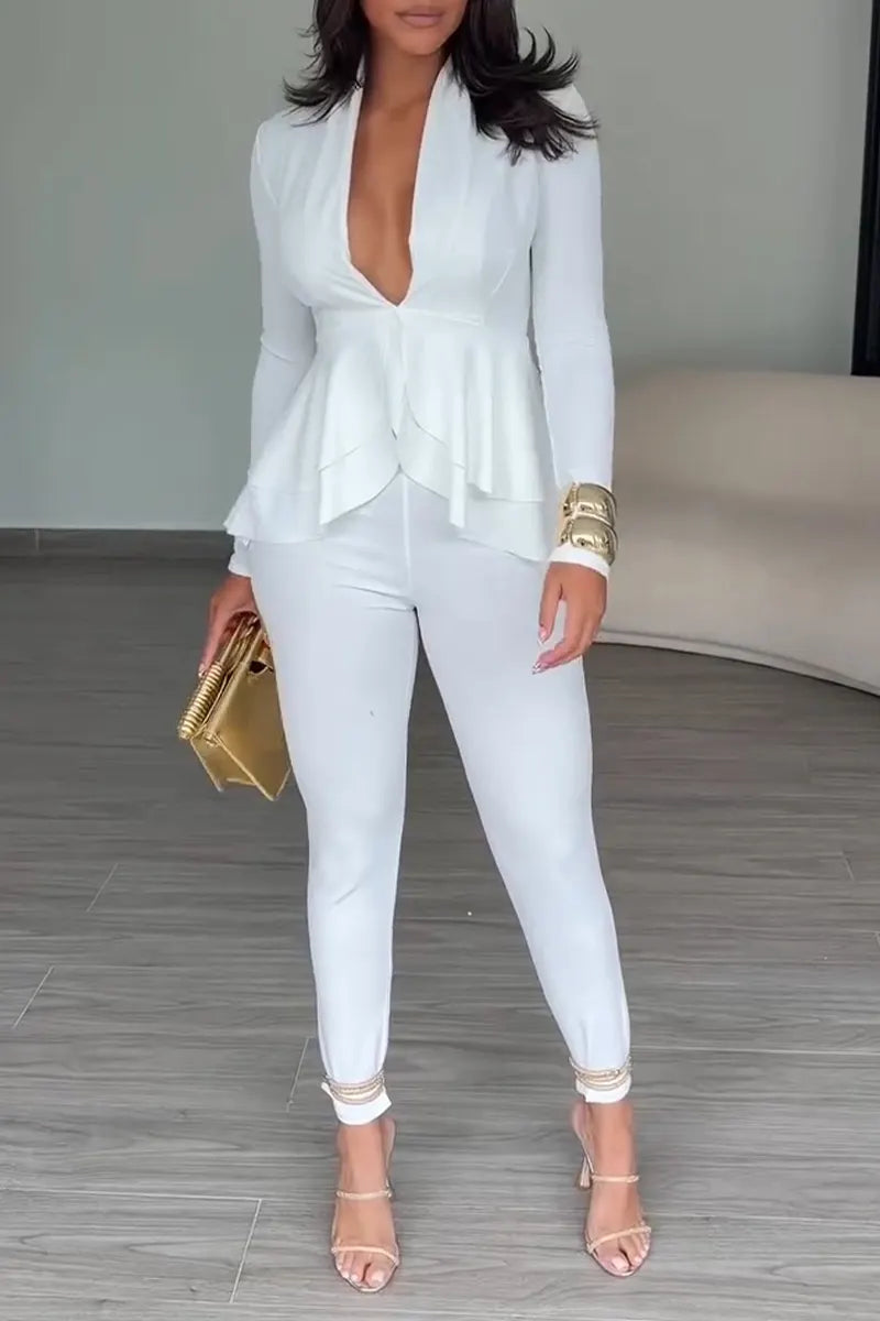 Women's Casual Ruffle Hem V-Neck Shirt Slim Pants Two-Piece Set