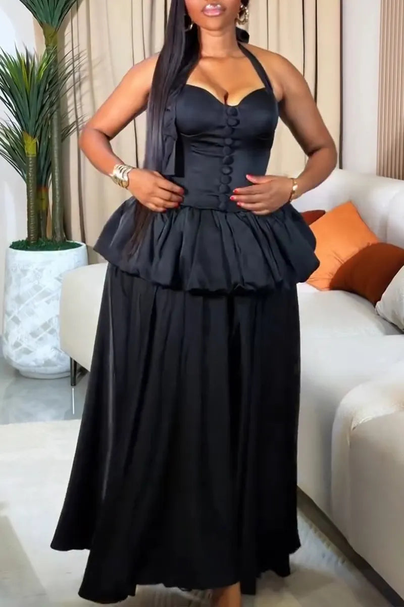 Women's Elegant Balloon Tiered Hem Tie Waist Cinching Maxi Dress