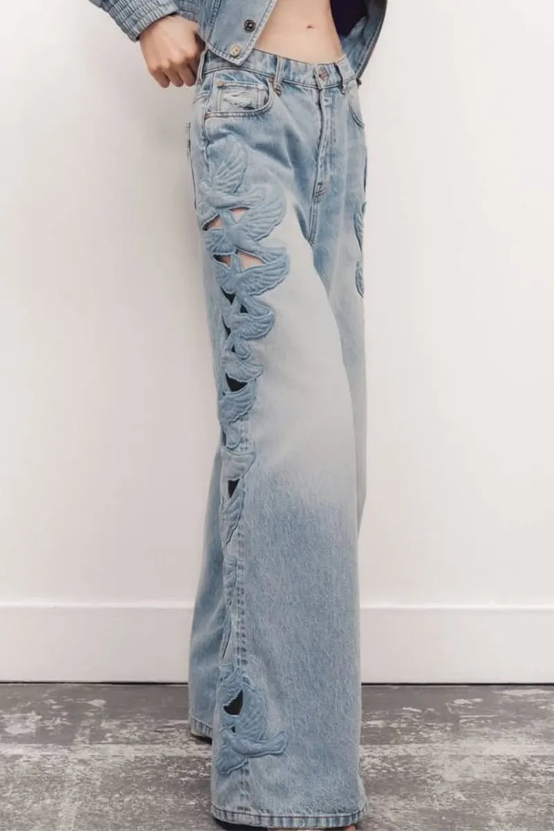Women Stand Up Collar Patchwork Lace Patterned Top or Washed Side Patterned Hollowed Out Jeans
