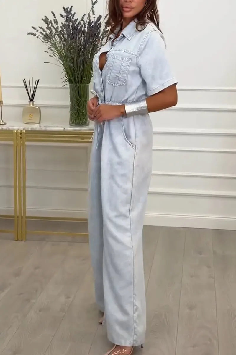 Women's Collar Splicing Waist Cinching Casual Wash Denim Jumpsuit