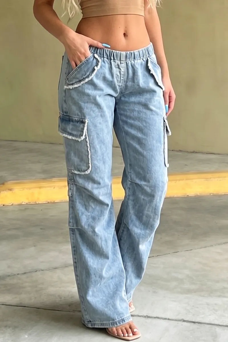 Women's Y2k Elastic Waistband Multi Pocket Wide Leg Jeans