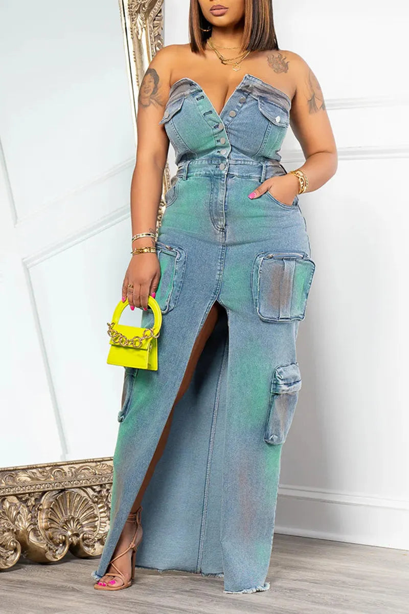 Women's Y2k Button Front Strapless Denim Dress
