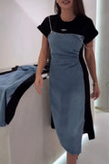 Women Round Neck Patchwork Denim Elegant Casual Dress