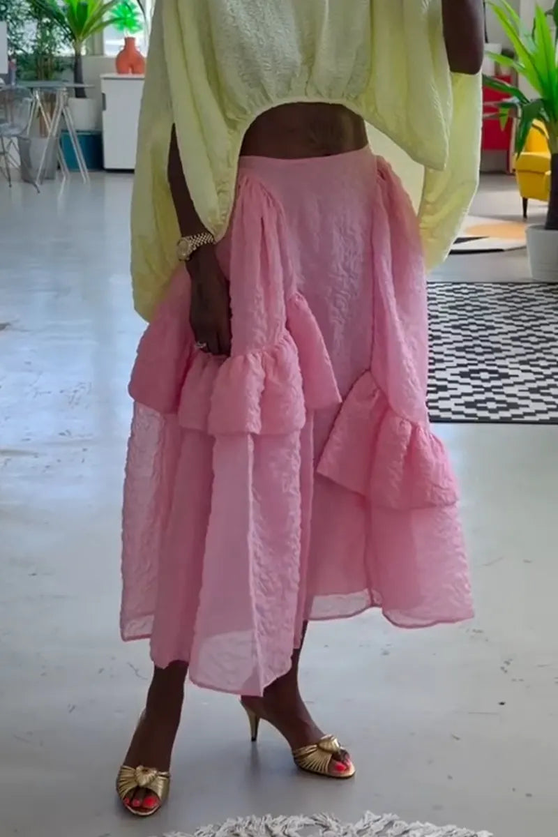 Women's Round Neck Irregular Solid Color Top or Patchwork Skirt