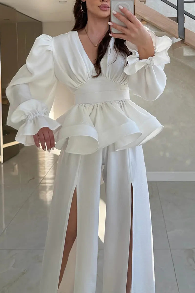 Women's Elegant Ruffle Hem Shirt Slit Pants Two-Piece Set