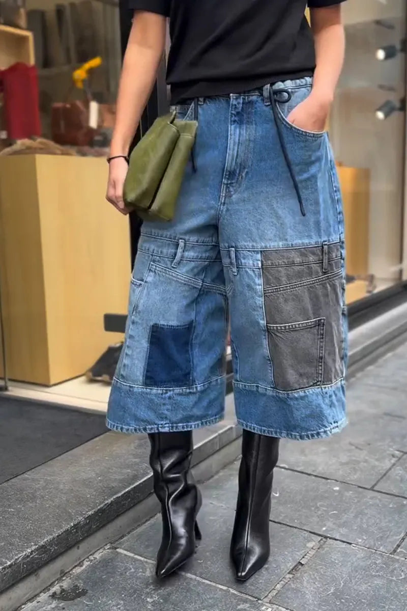 Women's Fashion Contrast Patchwork Wide Leg Cropped Jeans
