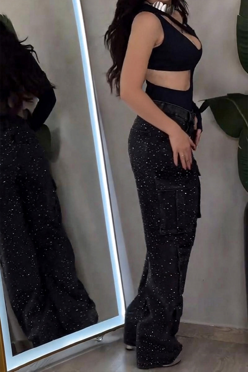 Women's Fashion Shiny Rhinestone Cargo Jeans