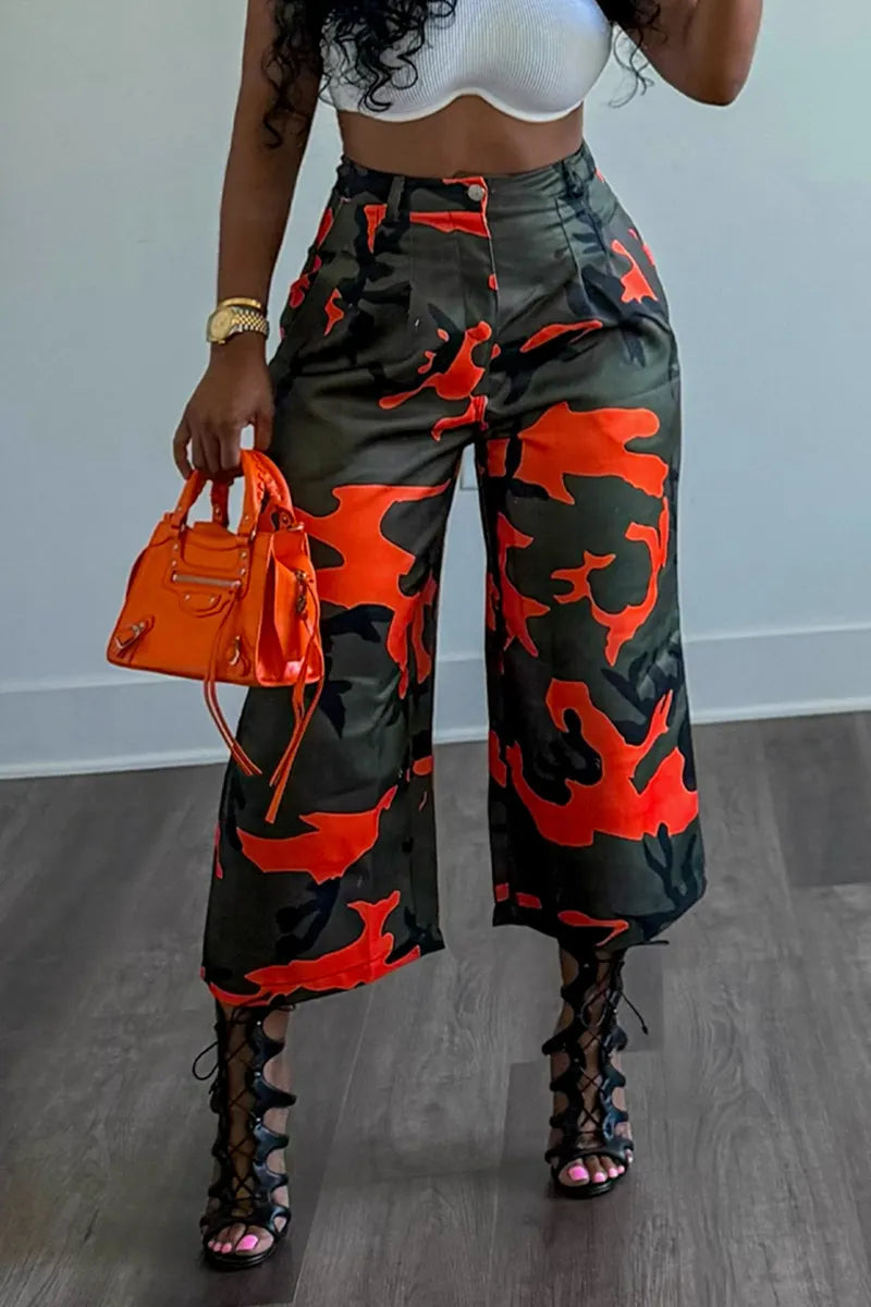 Women's Casual Camo Wide Leg Cropped Pants