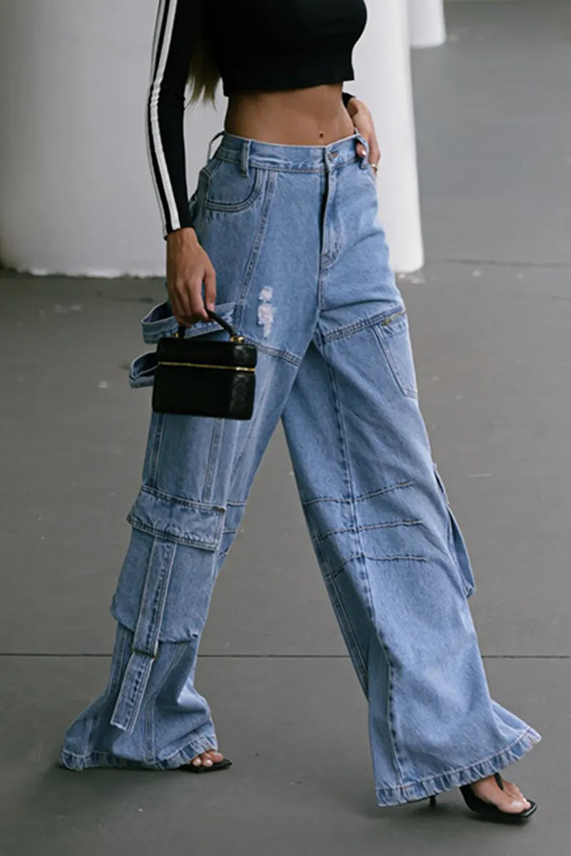 Women's Street Fashion Wide Leg Washed Cargo Jeans