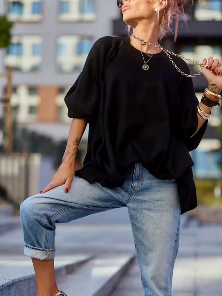 Women Round Neck Solid Color Casual Tops