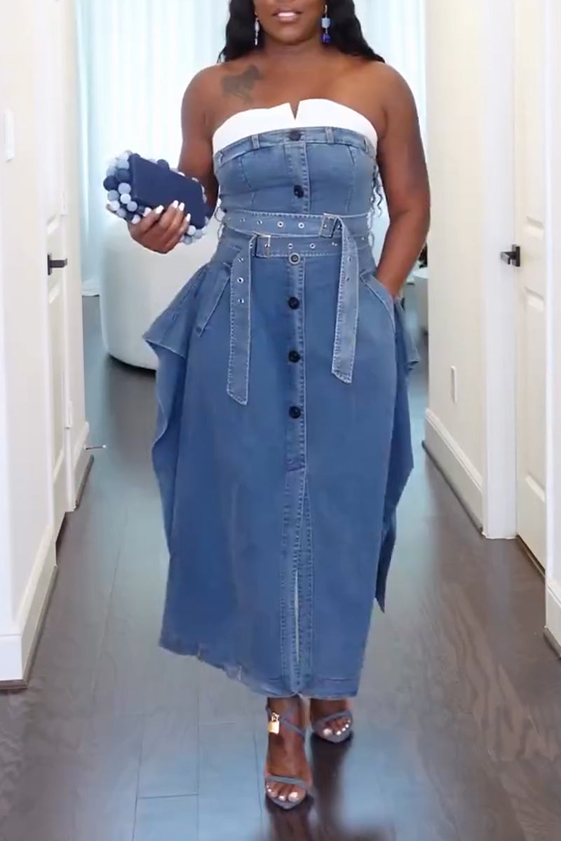 Women's Strapless Patchwork Waist Cinching Slit Casual Denim Dress