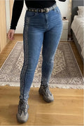Women's High Rise Skinny Jeans Sparkly Rhinestone Embellished Side Stripe Stretch Denim Pencil Pants Clubwear