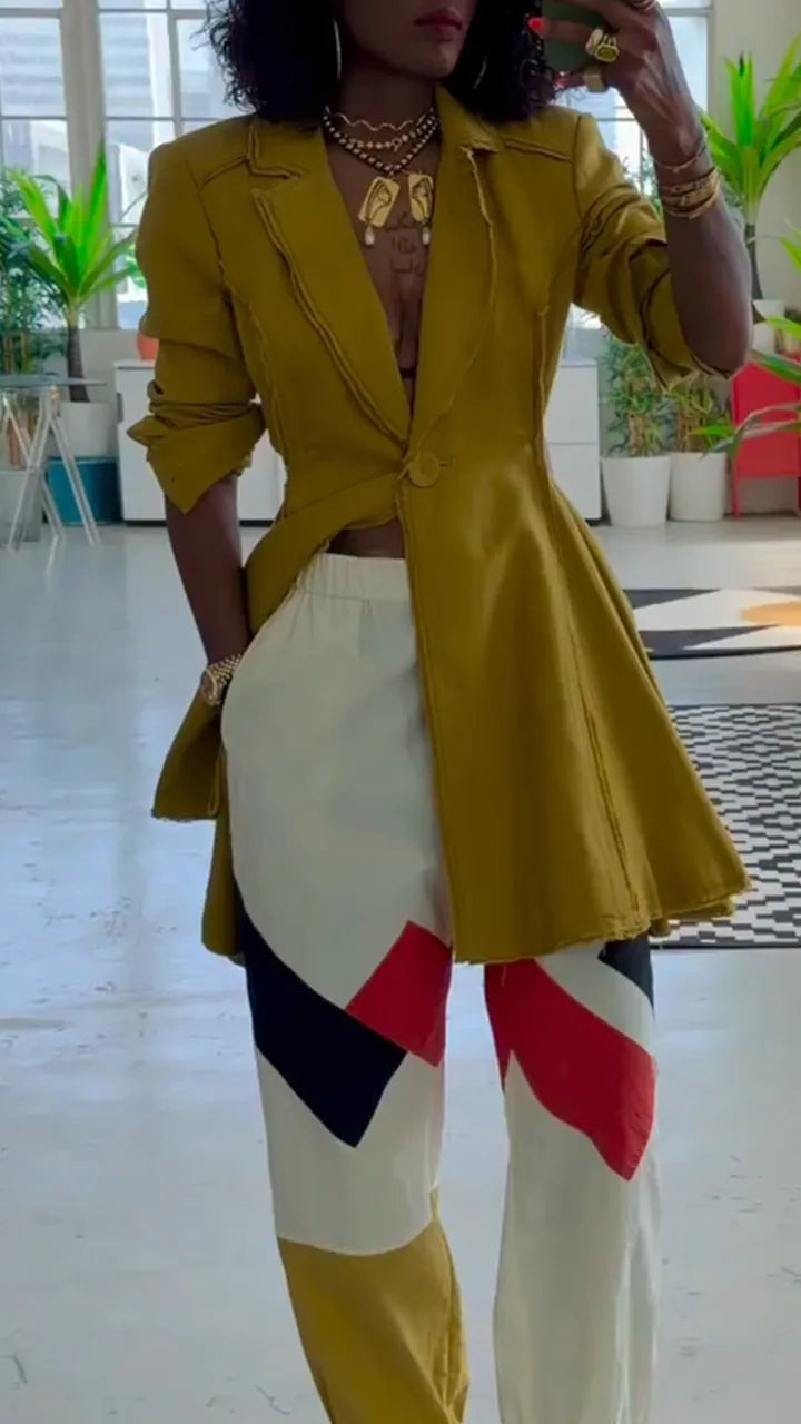 Women Collar Patchwork Jacket + Contrasting Pants