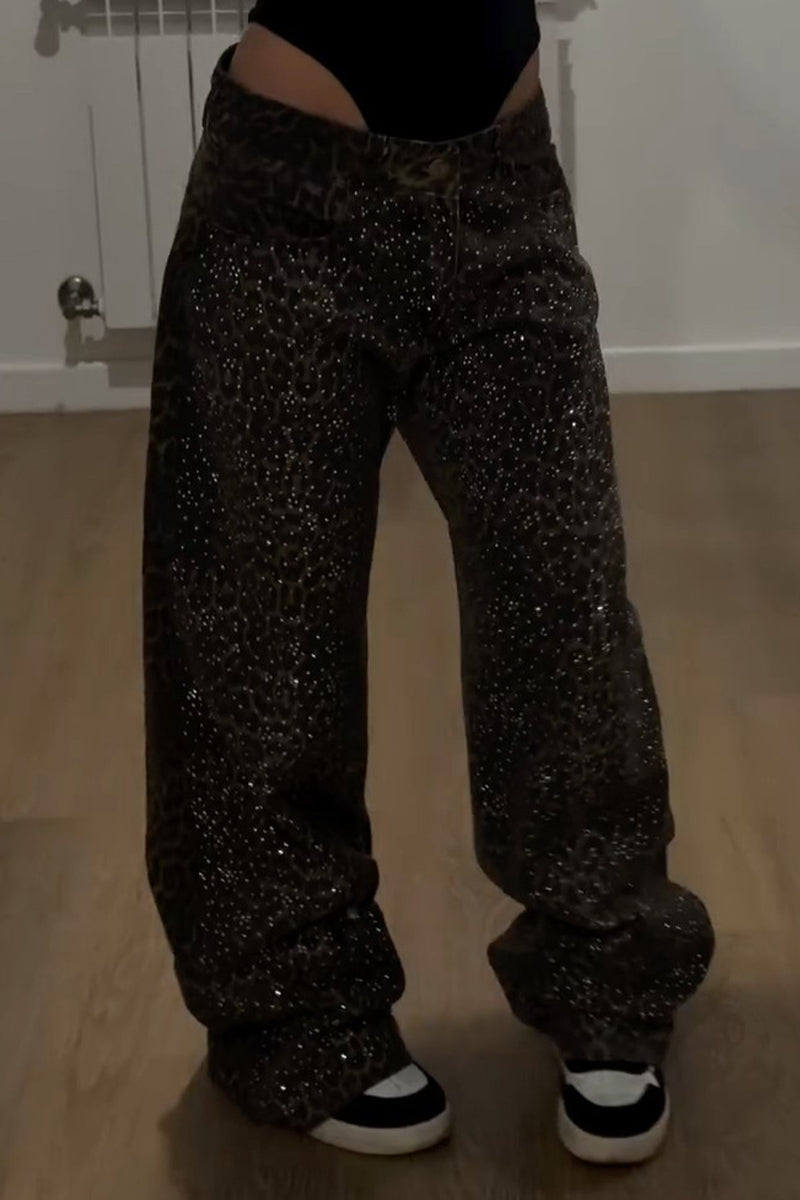 Women's Leopard Print Hot Stamping Rhinestone Casual Jeans