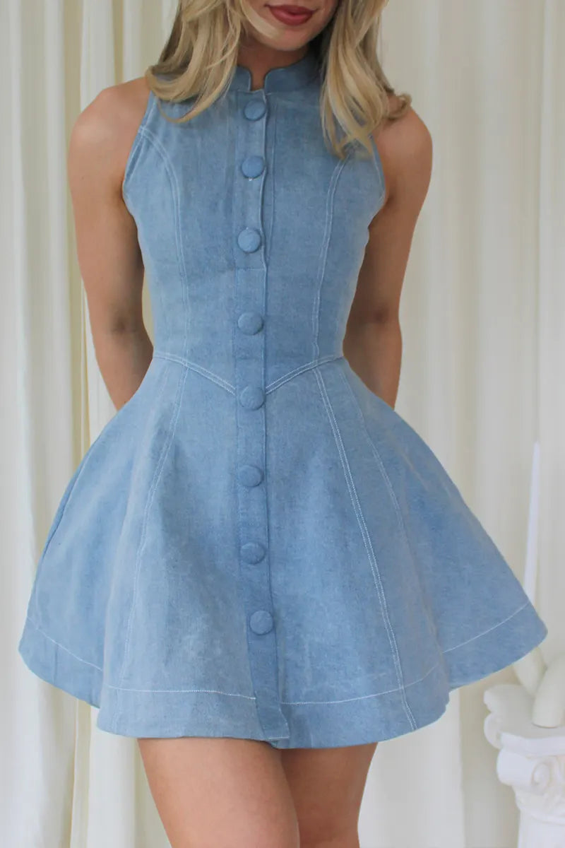 Women's Elegant Button Trim Denim Mini Dress