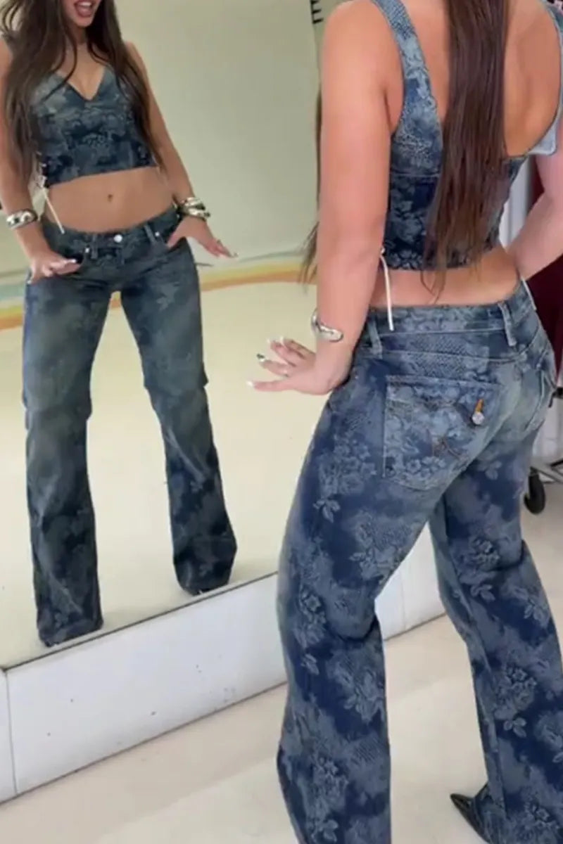 Women's Casual Printed Lace Up V Neck Cropped Denim Top Or Printed Wide Leg Jeans