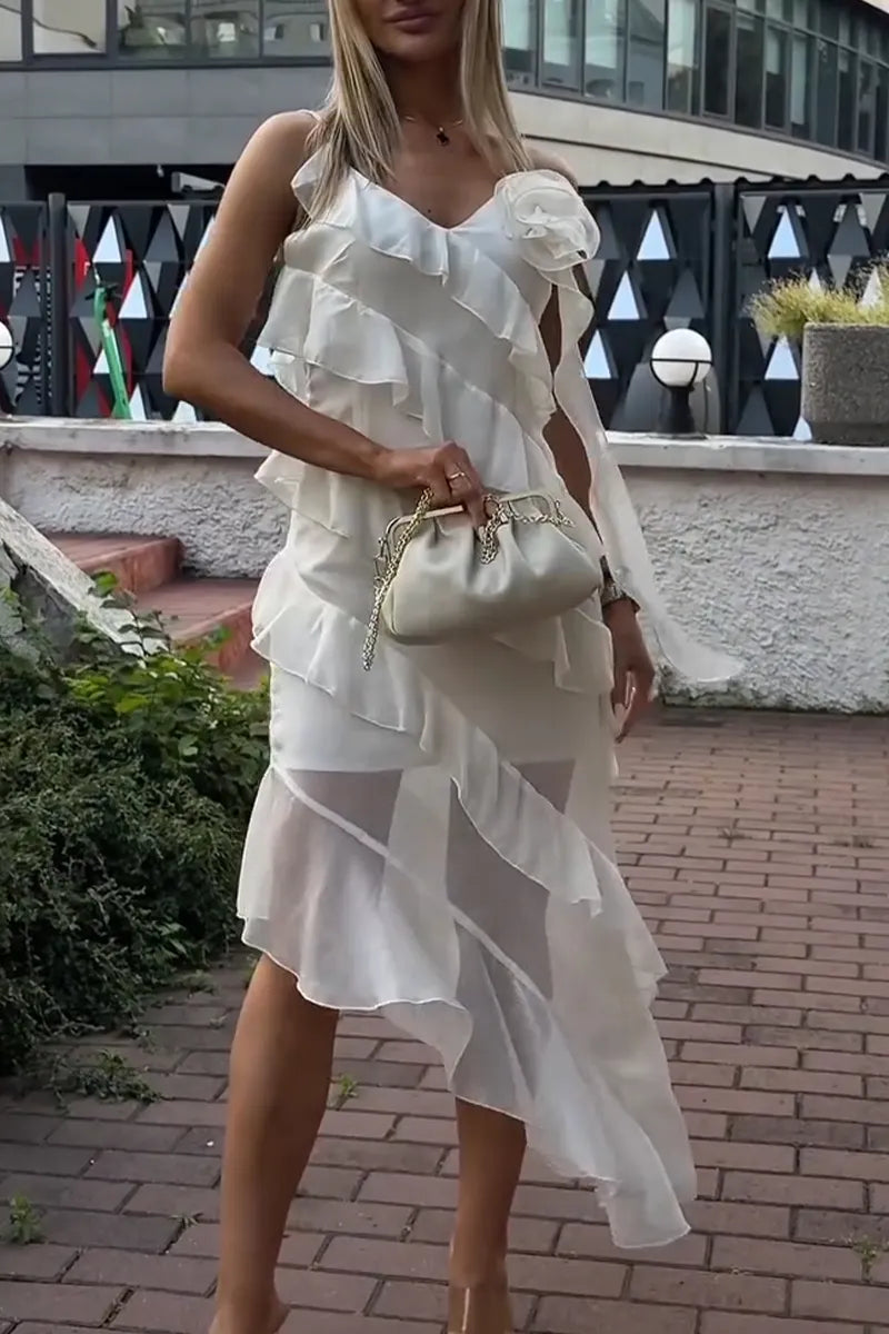 Women Suspender Patchwork Perspective Irregular Elegant Casual Dress