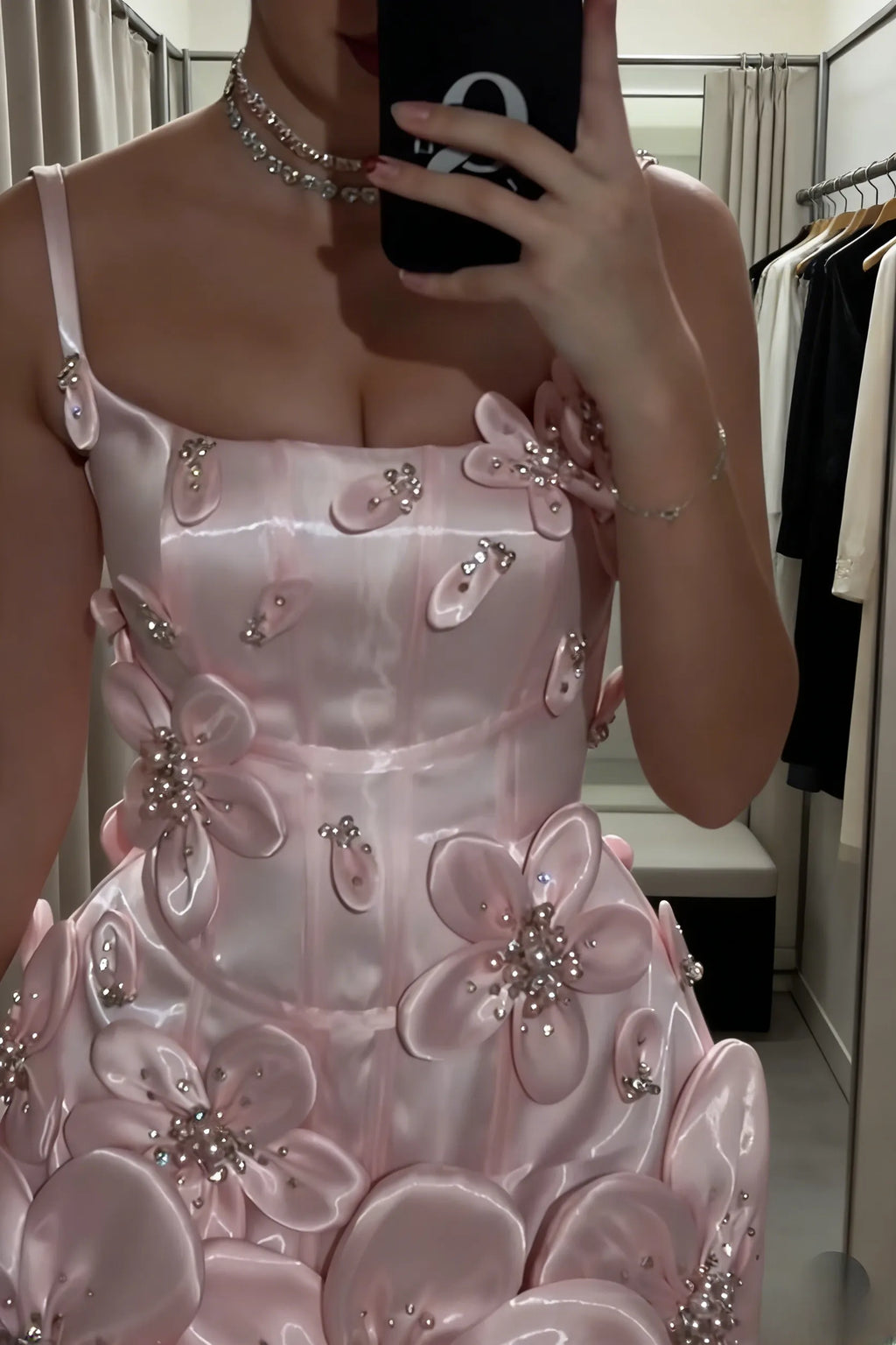 Cute Pink Prom Dress Satin Sheath Spaghetti Straps Evening Dress 3D Appliques Sleeveless Short Birthday Dress ED07331