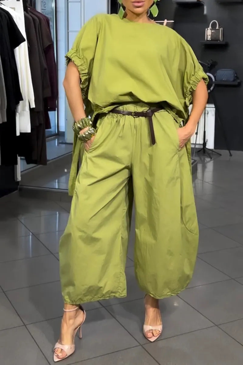 Women's Casual Loose High-Low Top Wide Leg Pants Two-Piece Set