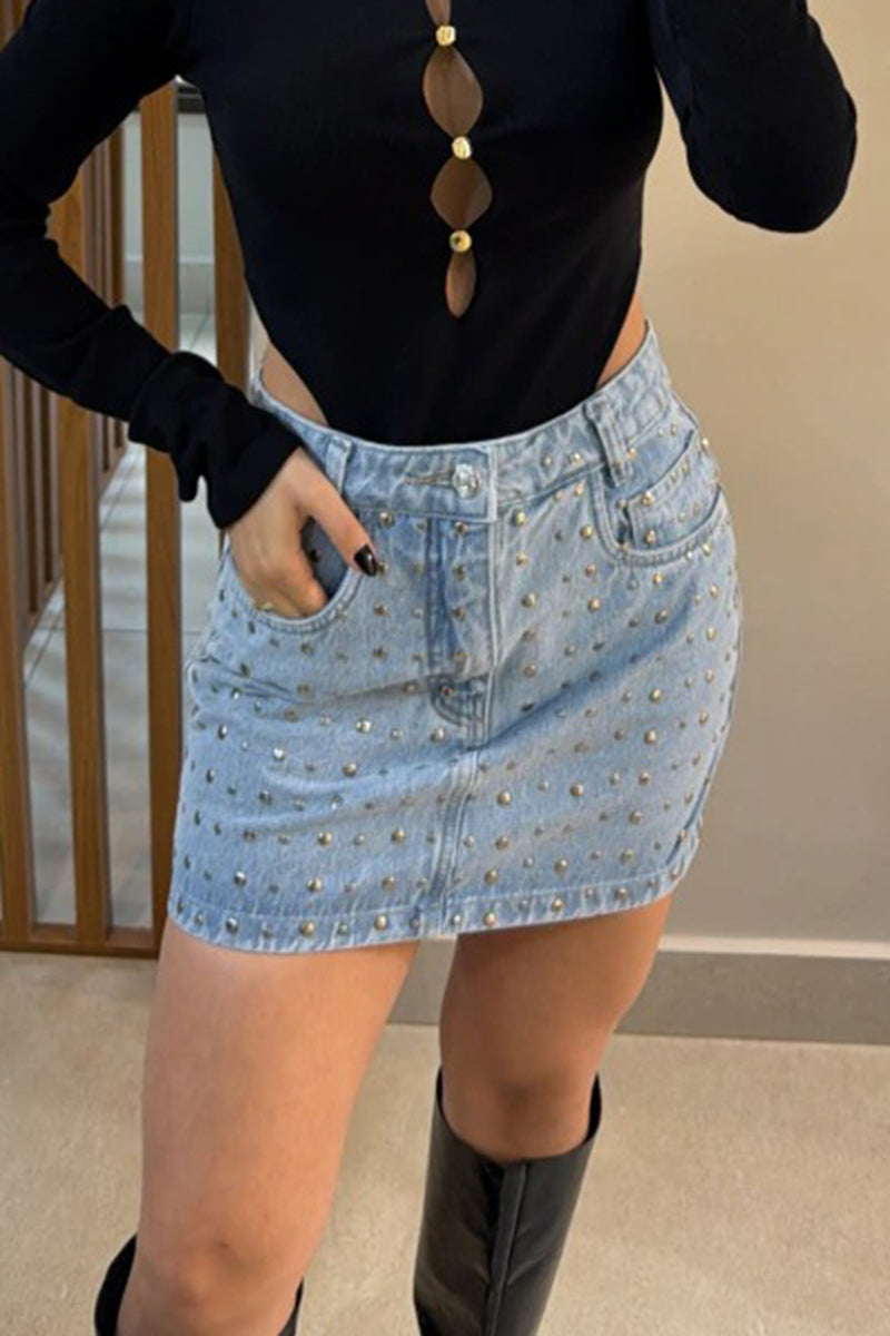 Women's Elegant Metal-Beaded Bodycon Denim Skirt