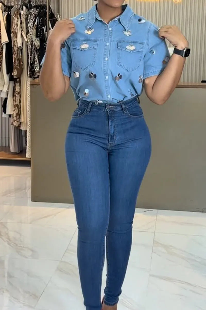 Women's Button-Up Denim Shirt with 3D Mirror Patch Details