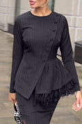 Women's Round Neck Vertical Pattern Spliced Lace Pattern Top or Spliced Lace Half Skirt