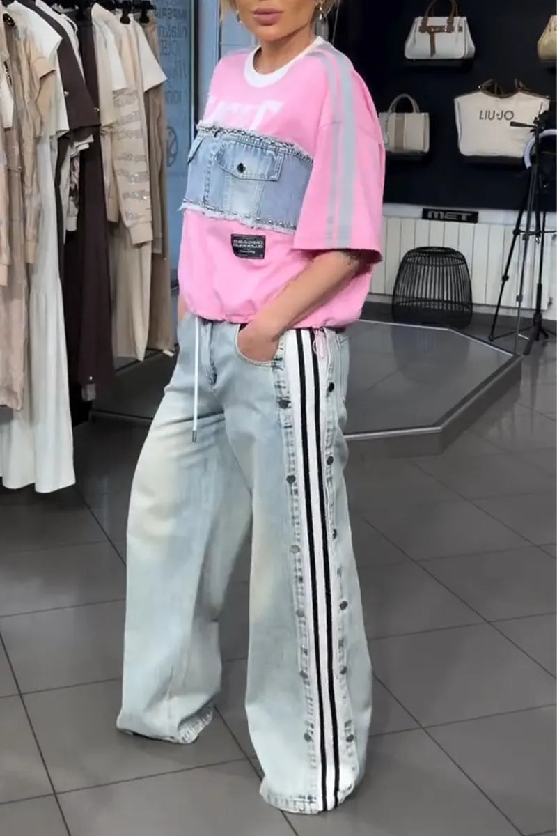 Women Round Neck Spliced Denim Top or Washed Denim Jeans
