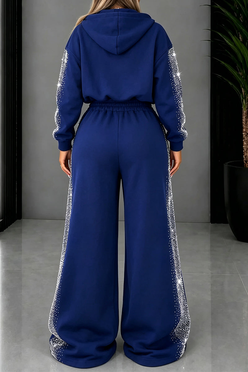 Women's Round Neck Hooded Hot Stamping Rhinestone Jacket+ Wide Leg Pants Casual Set