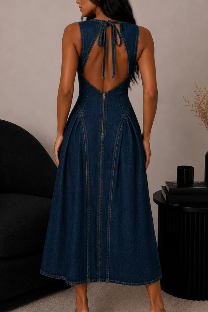 Women's Elegant Crewneck Backless A Line Hem Denim Dress