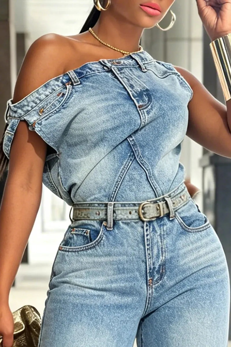 Women's Fashion One Shoulder Design Denim Top or Jeans