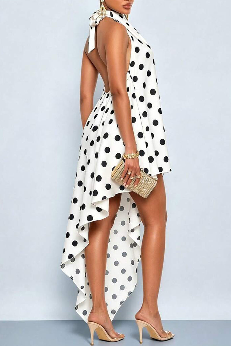 Women's Neck Hanging Sleeveless Polka Dot Print Irregular Elegant Temperament Dress