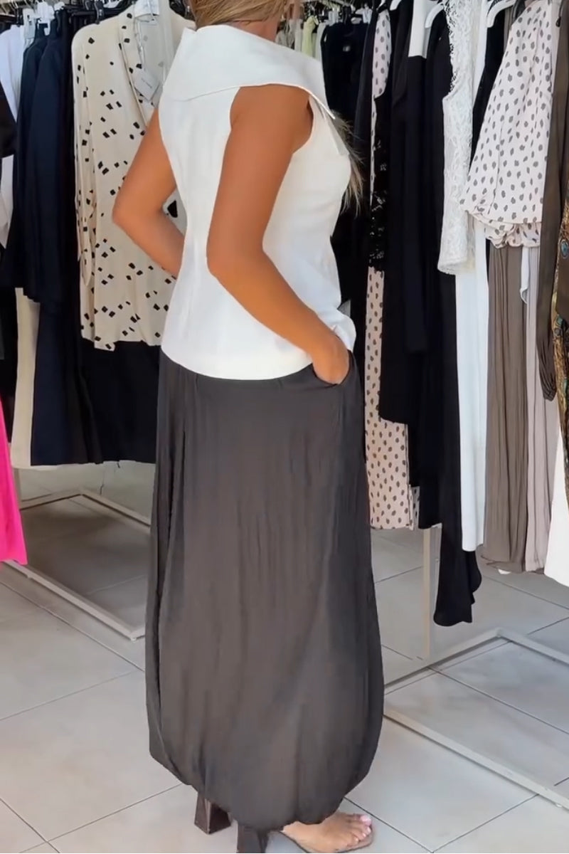 Women's Collar Double Breasted Top or Casual Solid Color Lantern Pants