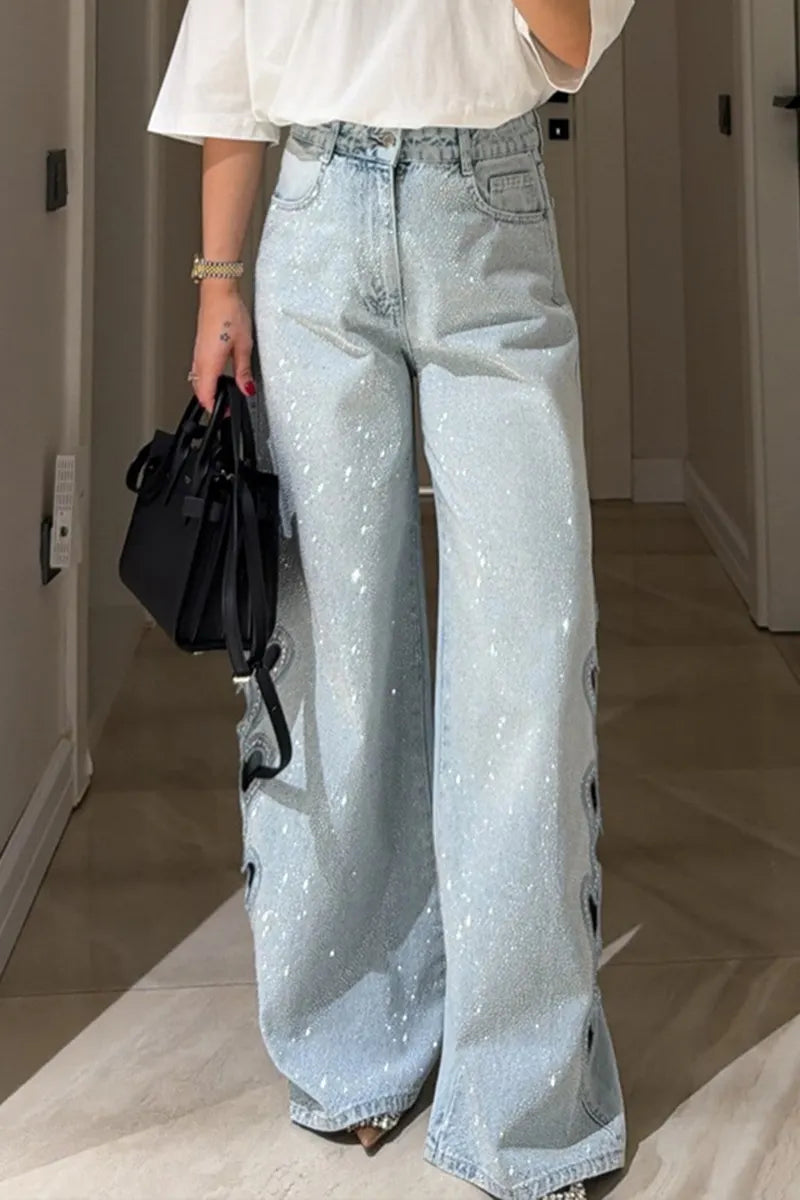 Women's Fashion Rhinestone Heart Cutout Trim Wide Leg Jeans