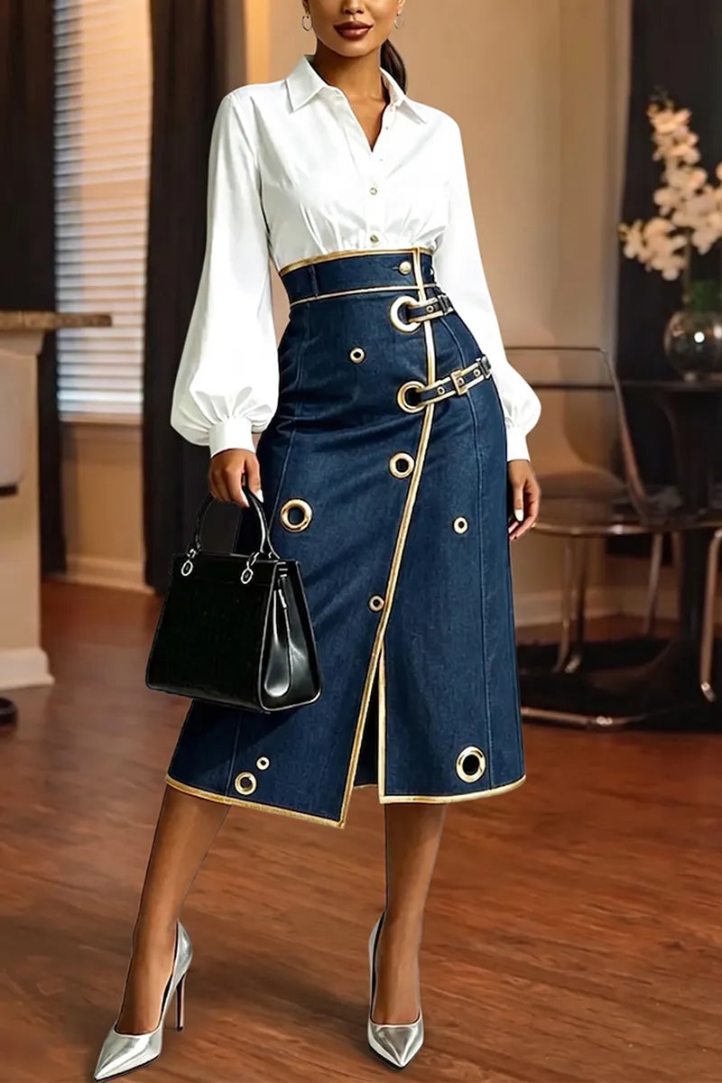Women's Fashion Metal Hollow-Out Contrast Trim Decoration Denim Skirt