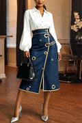 Women's Fashion Metal Hollow-Out Contrast Trim Decoration Denim Skirt